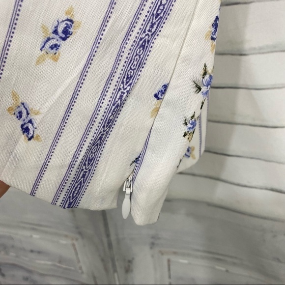 Antonio Melani Size 14 Square Neck Linen Floral Striped Blouse White Blue Boxy - Picture 9 of 9